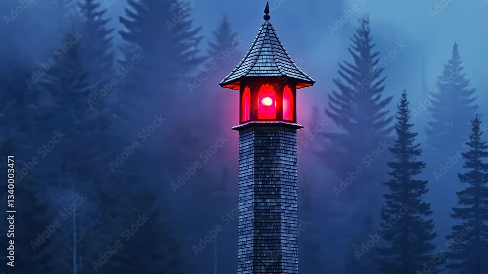 Poster mysterious lighthouse in misty forest setting