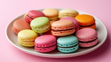 Obraz premium A plate of colorful macarons neatly arranged in a circular pattern, placed on a pastel pink background