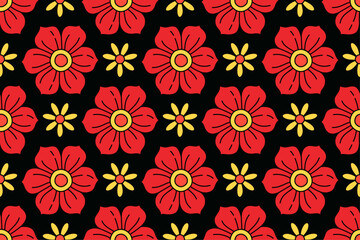 Vibrant seamless floral pattern with retro and playful design. Contrasting hues, groovy aesthetic hippie culture 60s and 70s for fashion, interior design branding, textiles or wrapping paper