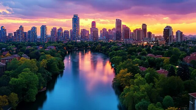 Vibrant Calgary Skyline at Sunset, River Reflection
