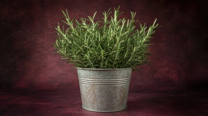 A potted rosemary herb plant in a rustic tin pot, softly highlighted on a deep maroon background