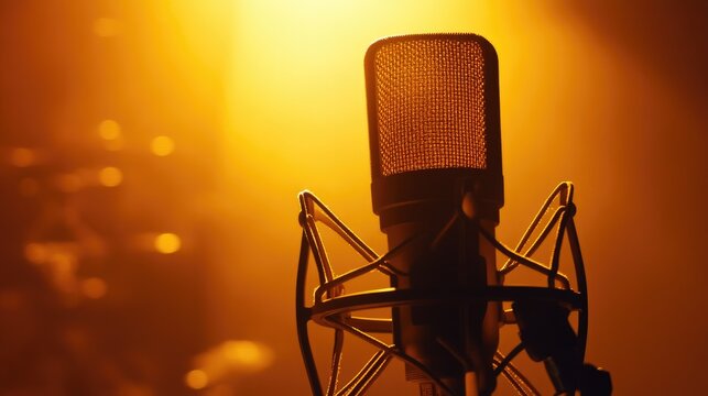 A professional broadcast microphone with a boom arm, glowing against a soft golden background - Powered by Adobe