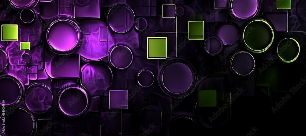 Poster a futuristic abstract background with neon purple circles intersecting green squares in a digital li