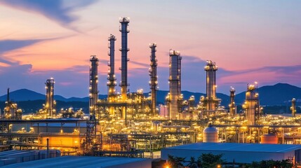 Illuminated Refinery at Dusk, Panorama of Industrial Might