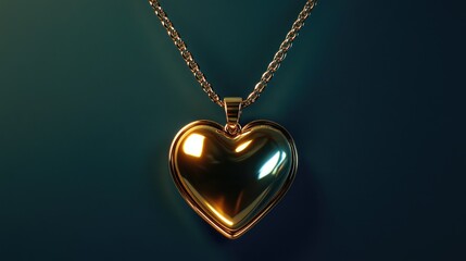 A shiny and reflective gold heart pendant necklace, glowing against a gradient ocean blue background