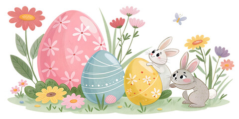 Fototapeta premium Playful easter scene with cute bunnies and colorful decorated eggs amidst spring flowers
