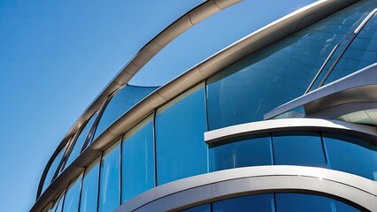 A modern architectural detail featuring a series of curved glass facades against a clear blue sky.