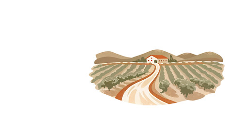 Picturesque mediterranean vineyard landscape with rolling hills and cozy farmhouse