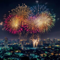Spectacular Night Fireworks Display Over a City Skyline with Colorful Explosions Illuminating the Night