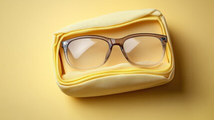 A soft pastel yellow square glasses case with a transparent-rimmed glasses set inside, softly glowing against a buttercream background