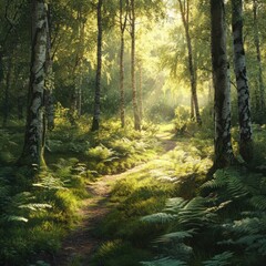 Fototapeta premium Sunlit Path Through a Verdant Birch Forest, a Serene Nature Escape