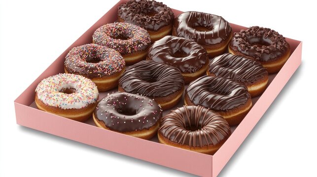 A square box filled with assorted donuts, including chocolate, glazed, and sprinkled, placed on a pastel pink background