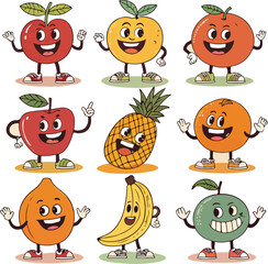 Retro Groovy Fruit Character Mascots Collection with Happy Smiling Faces Vector