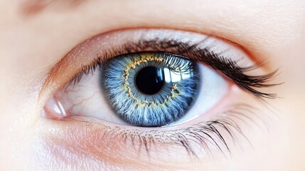 A stunning blue-gray human eye with golden flecks in the iris, highlighted against a soft pink backdrop