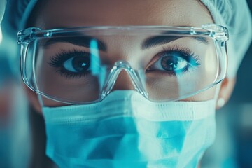 Hispanic Female Doctor, Nurse Wearing Face Mask, Protective Glasses in Hospital Medical Setting