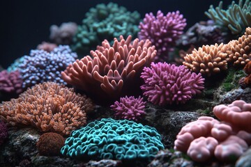 Obraz premium Colorful coral formations create a stunning spectacle in a vibrant underwater ecosystem, showcasing diverse marine life