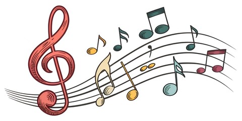 Colorful musical notes and staff with treble clef illustration on white background
