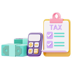 Fototapeta premium Government tax document with calculator and banknote representing business payment invoice processing icon. 3d payment for business illustration image