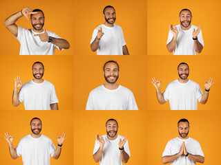 A cheerful group of multiracial individuals showcases happiness through various gestures, set...