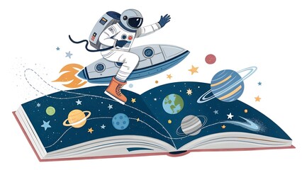 Astronaut riding rocket over open book in space themed illustration