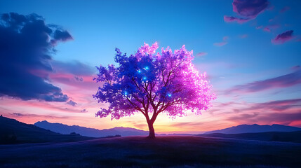 Glowing Purple and Blue Fantasy Tree at Sunset