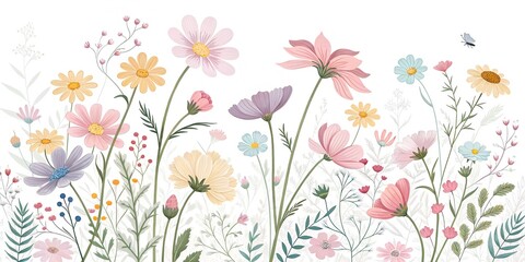 Colorful wildflower garden with delicate blooms and graceful insects in a serene spring setting