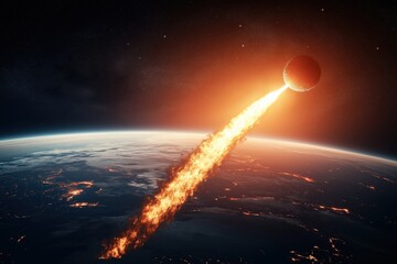 Simulation depicts a catastrophic asteroid impact towards Earth, highlighting fiery trails and destruction effects on the planet's surface