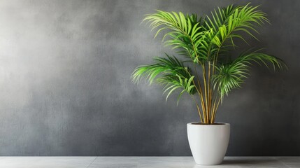 A tall indoor palm plant in a modern white planter, softly lit on a stormy gray background
