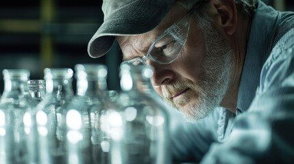 An older man inspecting glassware while wearing safety glasses carefully