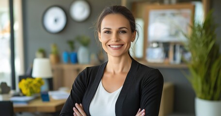 A happy businesswoman poses with crossed arms in a contemporary office, showcasing her confidence and professional demeanor