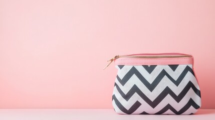 A trendy chevron-patterned cosmetic pouch, displayed over a pastel pink gradient background