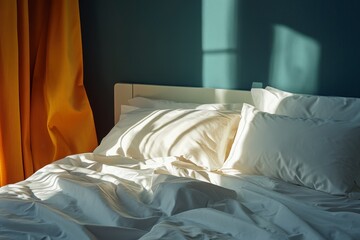 Sunny Bedroom Interior with Comfortable Bed, White Bedding, and Window Light Casting Shadow on Teal Wall