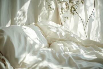 Obraz premium Soft Sunlight on White Bed Sheets with Delicate Flowers - Peaceful Morning Scene