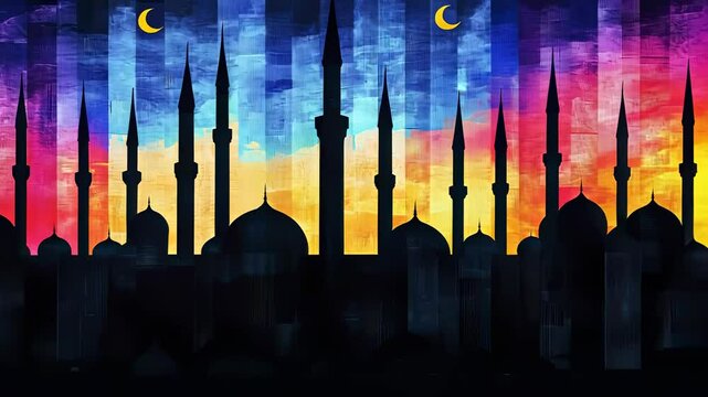Silhouette of mosques against a vibrant twilight sky