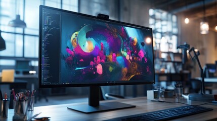 Fototapeta premium Modern UltraWide Monitor Displaying Vibrant Artwork in a Professional Workspace Setup