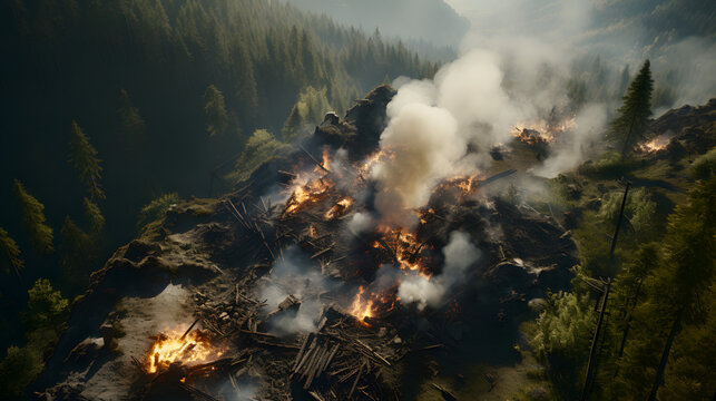 Forest fire in rocky terrain with impact crater highlighting the devastation caused by asteroid collision and its aftermath in nature.