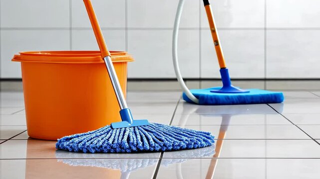 cleaning supplies with mop and bucket on tiled floor