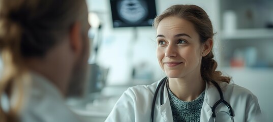 Fototapeta premium A radiologist discussing results with a doctor, with ample space for a banner