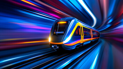 High Speed Train in Futuristic Tunnel with Motion Blur and Neon Lights
