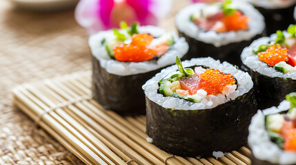 Close-up of Sushi rolls decorated with fresh vegetables and edible flowers