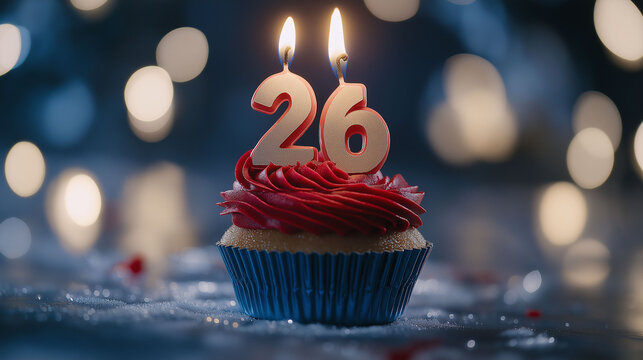 Cupcake to celebrate your 26th birthday anniversary with white candles, blurred background