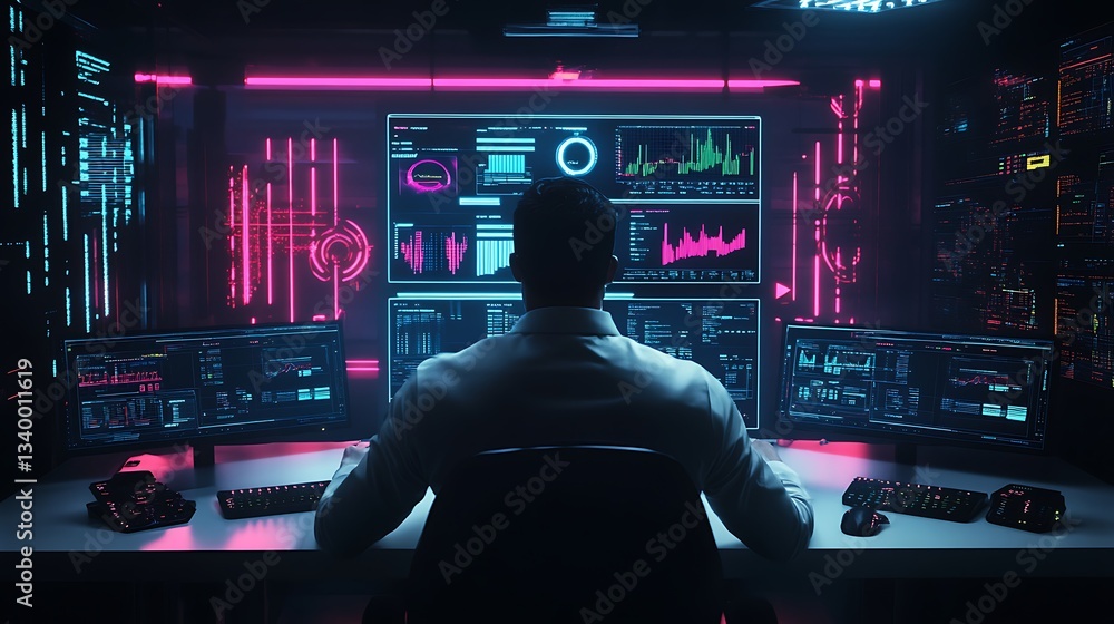 Poster a businessman monitoring holographic ai fraud detection systems, real-time anomaly detection, and ri