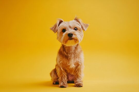 Small brown mixed breed dog sits on a yellow studio background looking at the camera, pet photography portrait