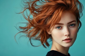 Naklejka premium Striking Portrait of a Beautiful Young Woman with Red Hair and Freckles Against a Teal Background