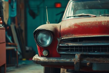Front of Rusty Red Vintage Car with Headlight and Bumper in Old Garage or Shop