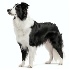 A majestic black and white border collie stands tall and alert, showcasing its intelligence and agility. This breed is known for its herding capabilities and friendly demeanor.