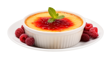 Delicious creme brulee topped with fresh berries and mint leaves, Photo of Creme Brulee with berries isolated on white background,  Creme Brulee with berries