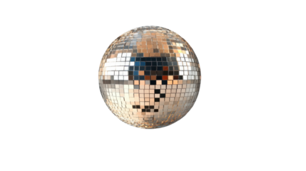 Rotating disco ball reflecting light on transparent background