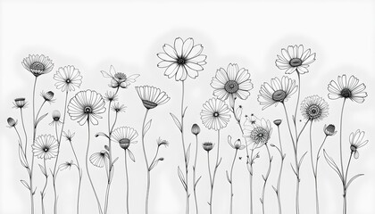 Naklejka premium A serene and sophisticated black and white line art illustration of various wildflowers.