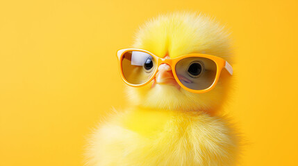 A yellow chick wearing sunglasses and standing on a yellow background.